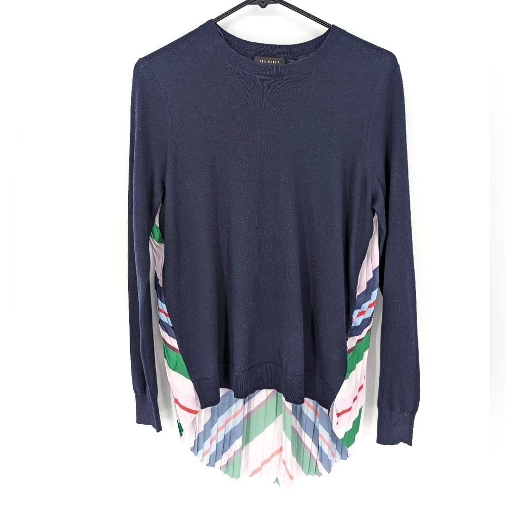 Ted Baker Pleated Sweater Top Cotton Silk Blend Navy Blue 2 Medium Mixed Media